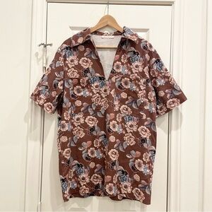 Olivaceous Burgundy Maroon Floral Denim Shift Dress, Small